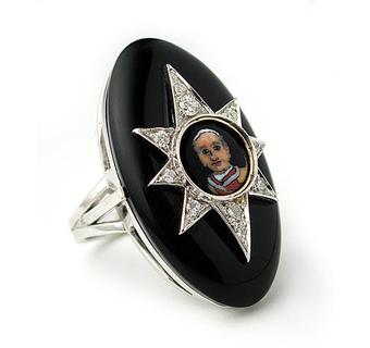 White Gold Ring with Diamonds and Onyx - Murrina representing Pope Leone XIII